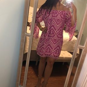 Fun boutique print off shoulder dress NWOT